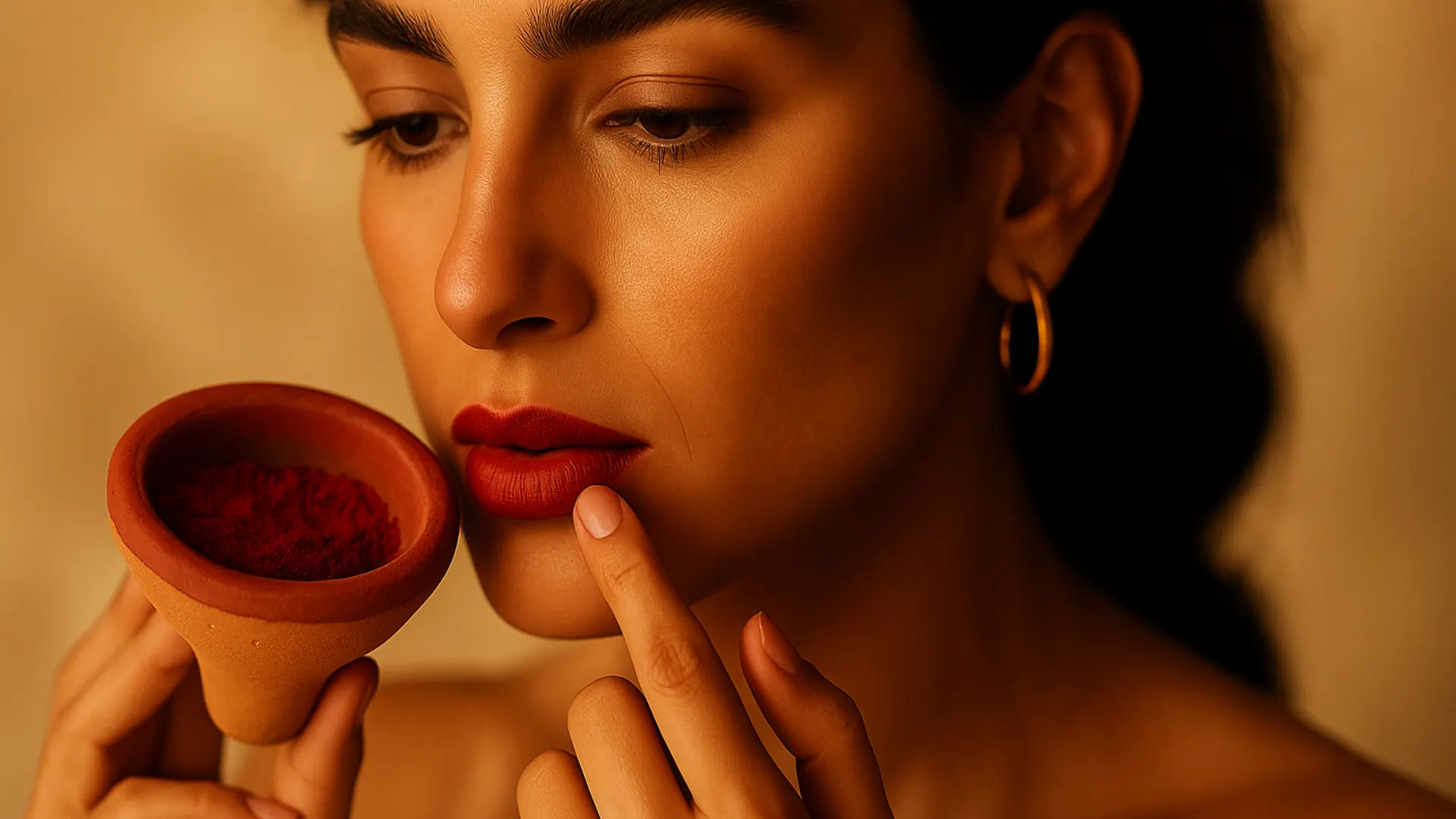 Mujer aplicando Aker Fassi, pintalabios tradicional marroquí, en sus labios con el dedo.