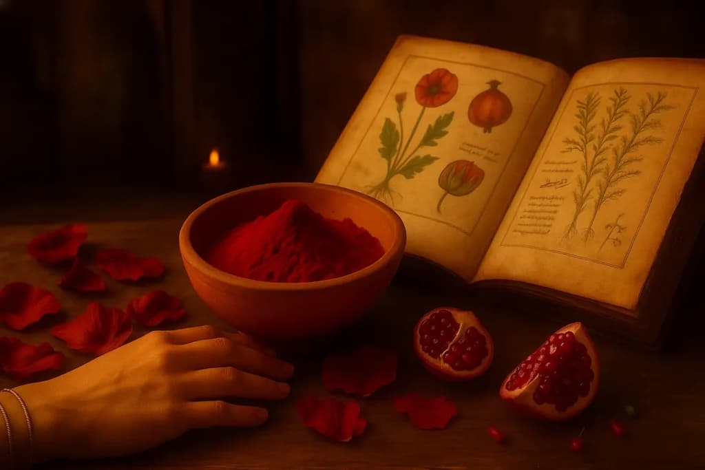 Preparación ancestral del Aker Fassi con sus ingredientes naturales, amapola y granada, mostrados en un libro antiguo.