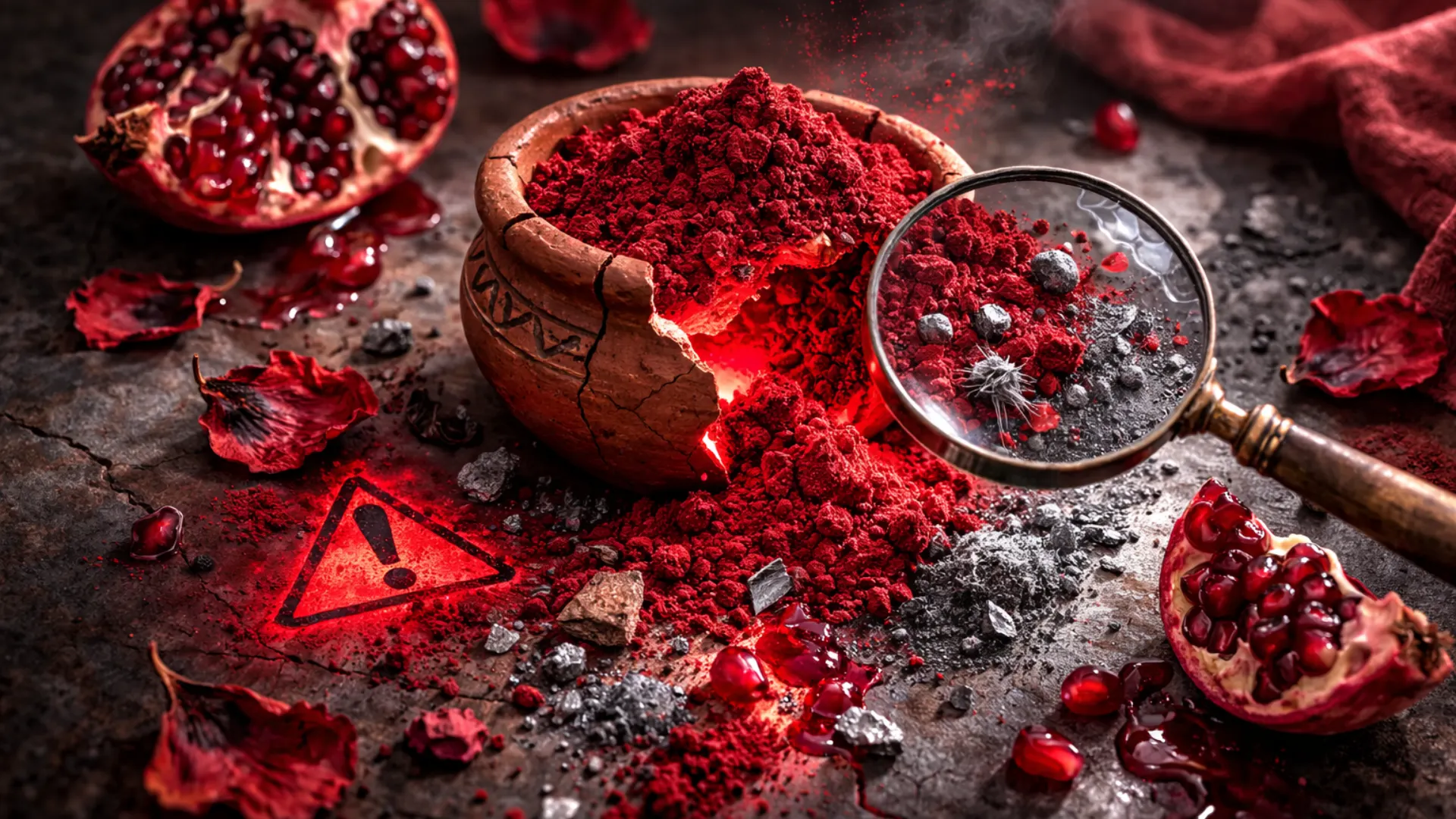 Tarro de barro marroquí con polvo rojo Aker Fassi agrietado, lupa revelando partículas metálicas peligrosas y símbolo de advertencia, representando los riesgos y peligros del Aker Fassi de baja calidad