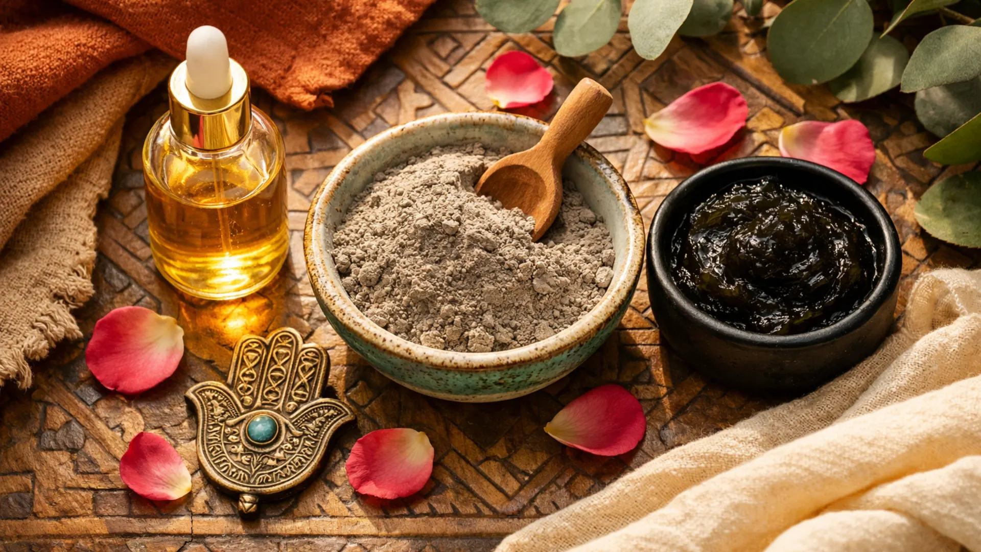Tres productos marroquíes para el cuidado de la piel dispuestos sobre azulejos zellige: frasco de aceite de argán dorado con gotero, cuenco de cerámica con polvo de arcilla ghassoul gris y recipiente negro con jabón beldi, decorados con pétalos de rosa, eucalipto y amuleto mano de Fátima