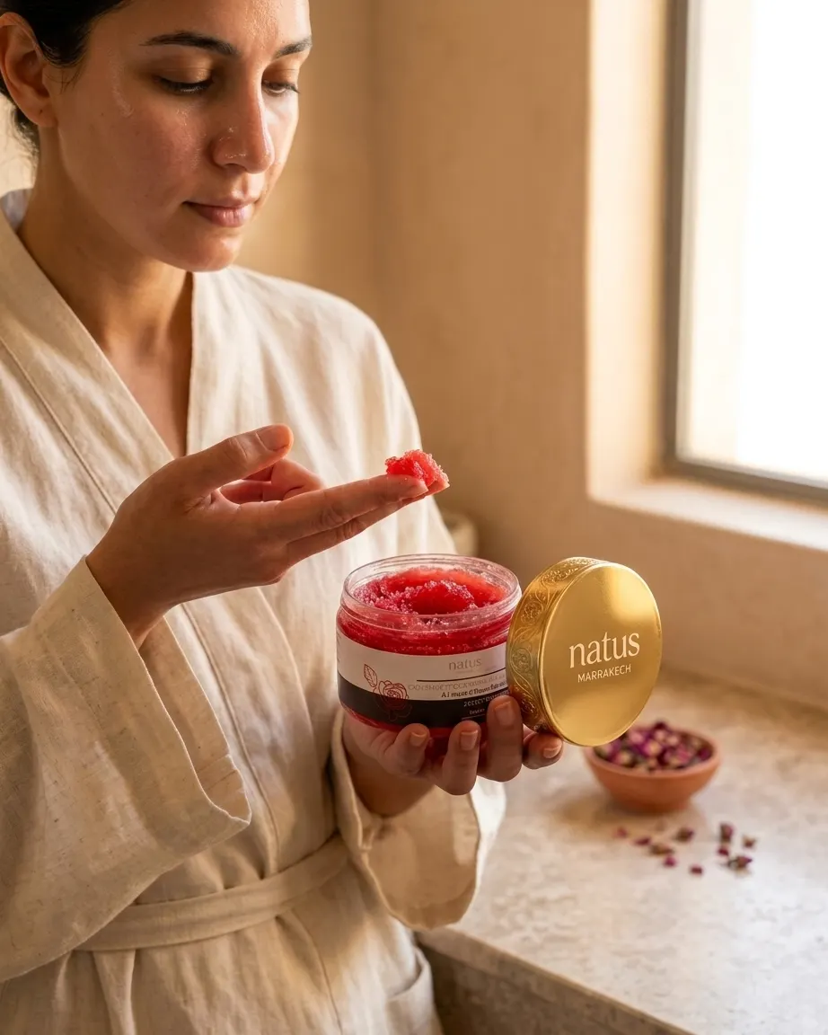 Mujer aplicando el exfoliante iluminador de Aker Fassi y aceite de argán Natus Marrakech en ritual de belleza marroquí