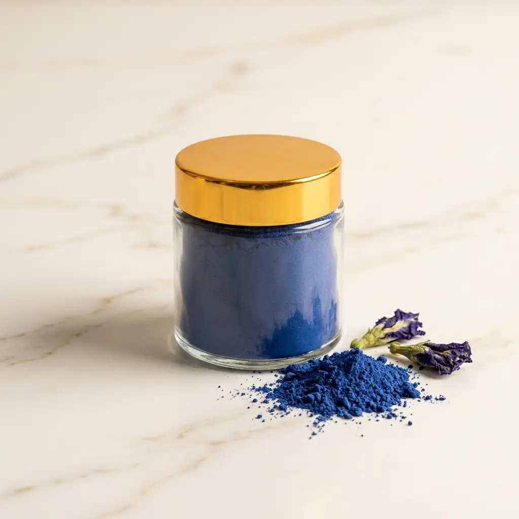 Nila azul pura en polvo 100 g — pigmento natural del Sáhara en tarro de cristal con tapa dorada