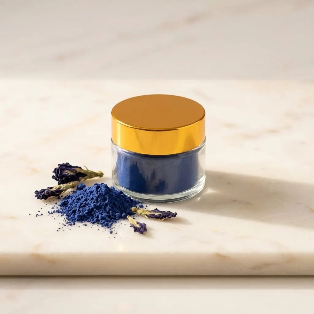 Nila azul pura en polvo 50 g — pigmento natural marroquí en tarro de cristal con tapa dorada