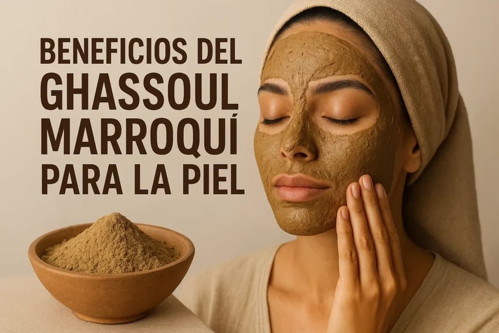 Mujer aplicando mascarilla de ghassoul marroquí en el rostro, demostrando limpieza profunda y cuidado de la piel natural