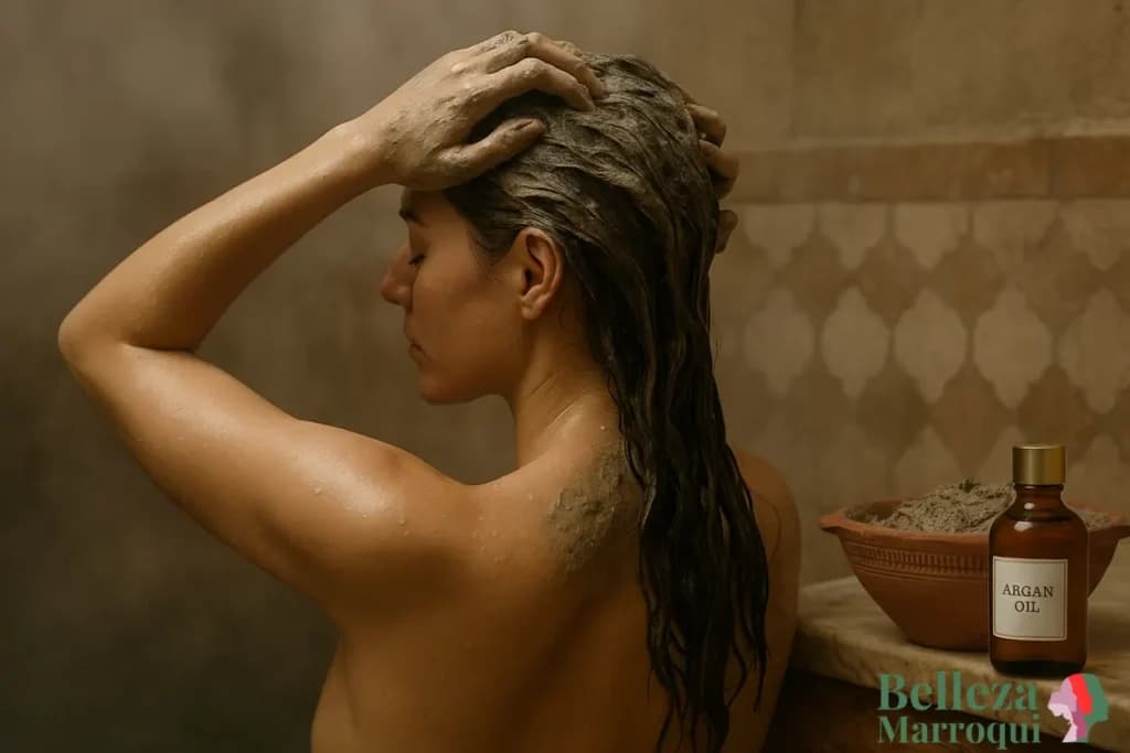 Mujer aplicando mascarilla de ghassoul marroquí en el cabello, mostrando limpieza y fortalecimiento capilar natural