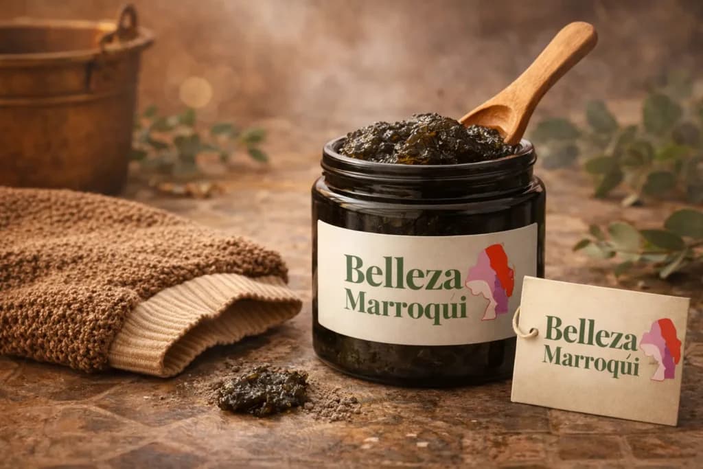 Jabón negro Beldi Belleza Marroquí con guante Kessa exfoliante y ambiente de hammam tradicional