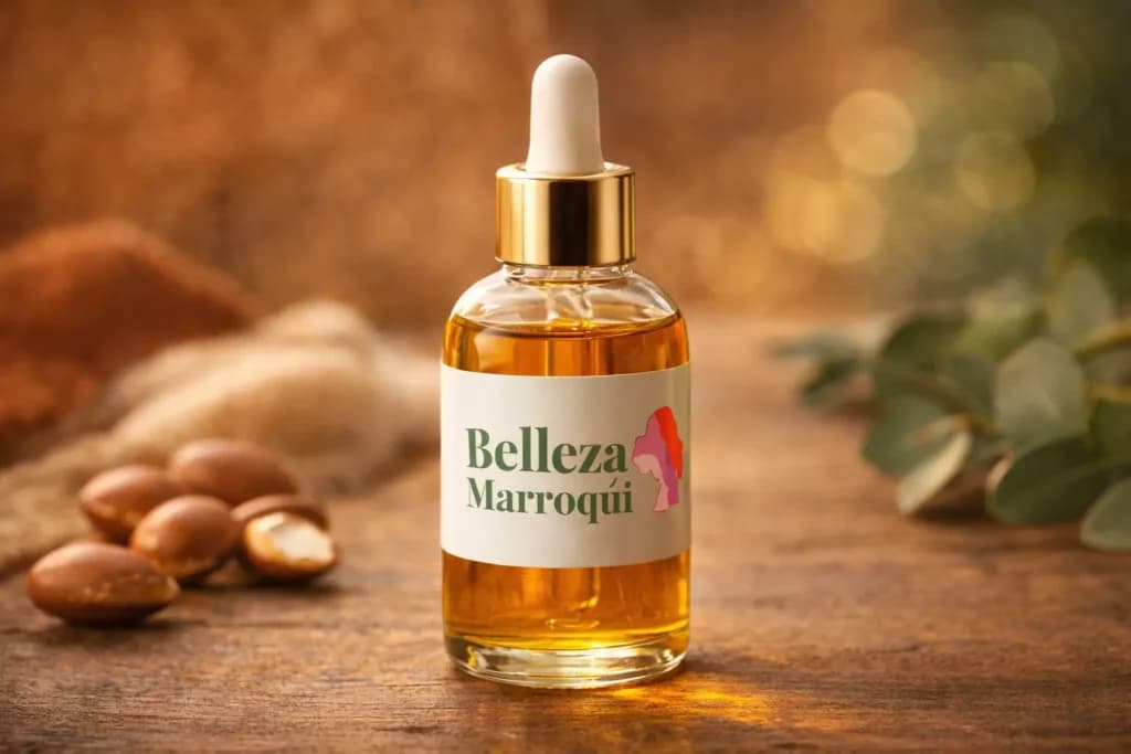 Aceite de argán de Belleza Marroquí con gotero dorado y nueces de argán naturales