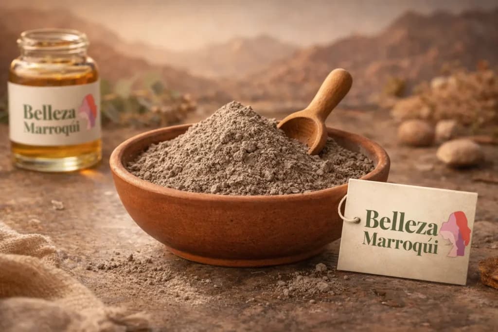 Ghassoul marroquí, uno de los tres productos marroquíes para la piel esenciales de Belleza Marroquí, en cuenco de terracota con cuchara de madera