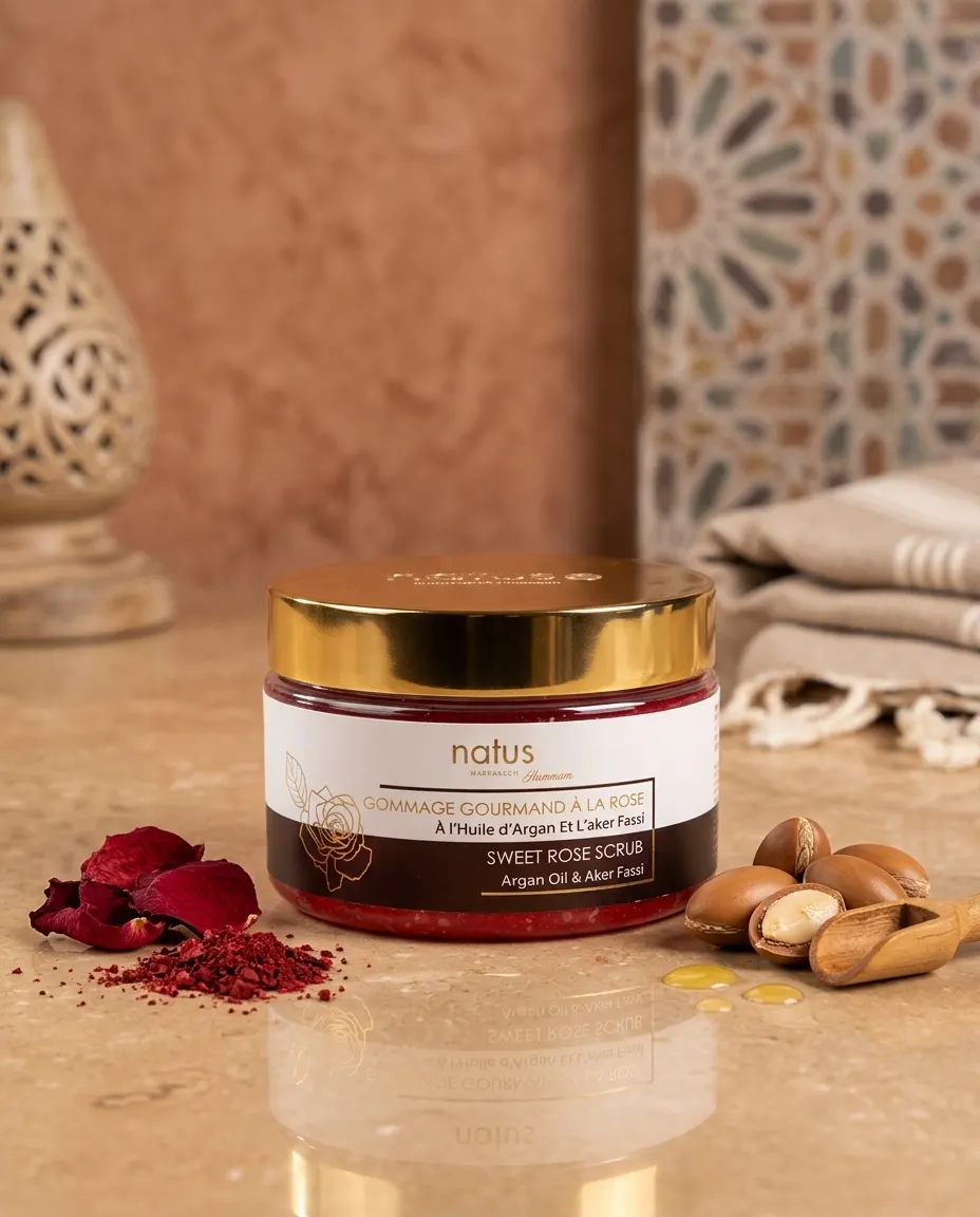 Exfoliante Aker Fassi y aceite de argán Natus Marrakech sobre mármol de hammam marroquí