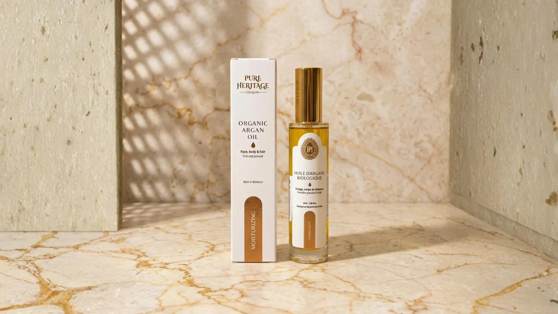 Aceite de Argán Orgánico 50ml de Belleza Marroquí – primera presión en frío, certificado, sobre mármol cálido marroquí